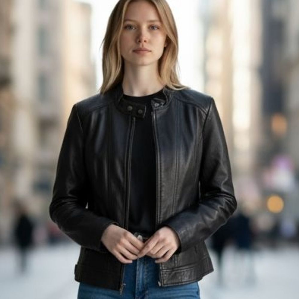 Classic 100% Genuine leather black zip front Motorcycle jacket size L Alfani